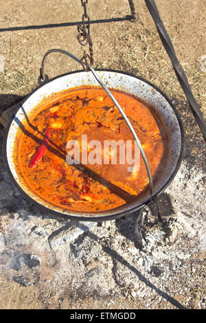 Cooking fish soup in pot on the fire Stock Photo