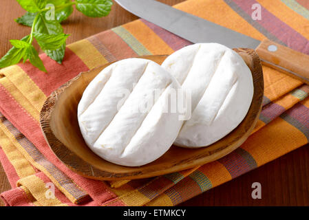 two wheels of soft creamy cheese with white mold Stock Photo