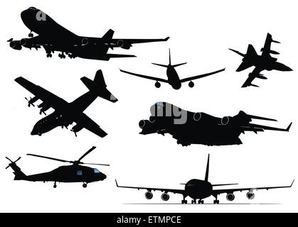 Seven black and white Airplane silhouettes. Vector illustration Stock Vector