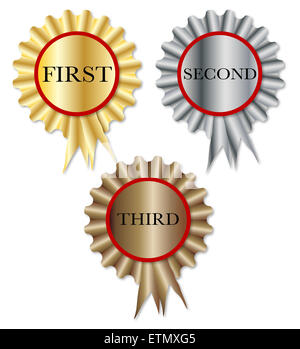 A set of three competition rosettes over a white background Stock Photo