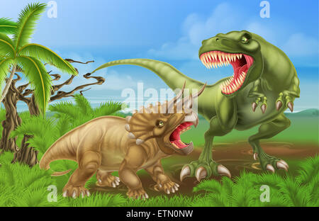 A tyrannosaurus rex or T Rex and triceratops dinosaur fight scene illustration of the two dinosaurs fighting each other Stock Photo