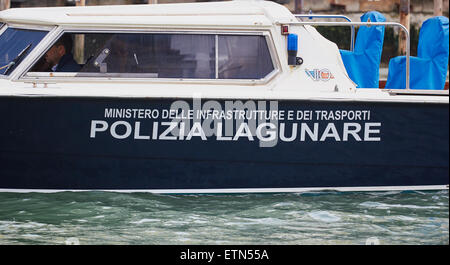 Boat of the Polizia Lagunare patrolling the Venetian Lagoon Venice Veneto Italy Europe Stock Photo