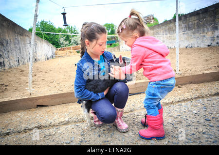 little girls with a goat kid in front of the farm Stock Photo