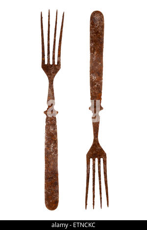 Both sides of an old rusty fork isolated on white Stock Photo