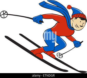 Cartoon style illustration of a skier skiing viewed from side set on isolated white background. Stock Photo