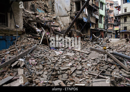 A ruins of destroyed house in the old city of Kathmandu, Nepal a day after the earthquake. Stock Photo