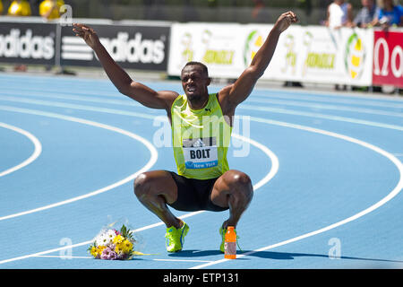 June 13, 2015; Randall's Island, NY, USA; Usain Bolt of Jamaica after winning the men's 200m during the IAAF Diamond League Adidas Grand Prix at Icahn Stadium. Anthony Nesmith/Cal Sport Media Stock Photo