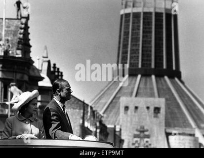 Queen Elizabeth II and Prince Philip visit the Liverpool Metropolitan Cathedral. Liverpool, 22nd June 1977.