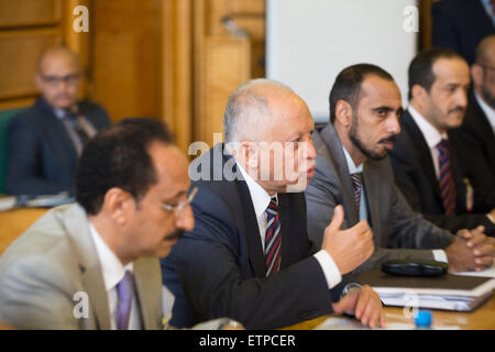 (150615) -- GENEVA, June 15, 2015 (Xinhua) -- Yemeni Foreign Minister Riad Yassin (2nd L) speaks during a meeting with UN Secretary-General Ban Ki-moon (not in picture) in Geneva, Switzerland, on June 15, 2015. UN Secretary-General Ban Ki-moon warned on Monday after holding meetings with representatives of the Yemeni government and the Group of 16 plus that 'in Yemen's case, the ticking clock is not a time-piece, it's a time-bomb.' (Xinhua/Xu Jinquan) Stock Photo