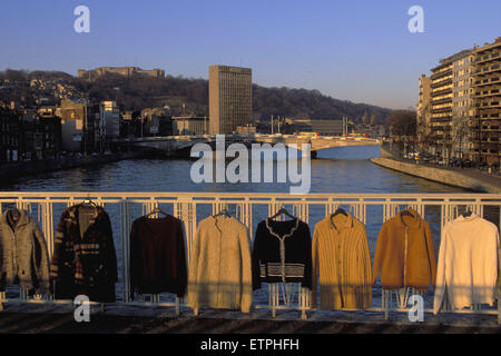 BEL, Belgium, Liege, view from the Kennedy bridge to the river Meuse, flea market on the bridge, sweaters for selling.  BEL, Bel Stock Photo