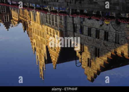 BEL, Belgium, Gent, reflection of the guild houses in the water of  the river Leie, Graslei.  BEL, Belgium, Gent, Spiegelung der Stock Photo