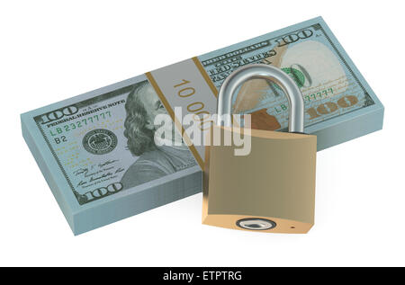 Pack of dollars with lock  isolated on white background Stock Photo