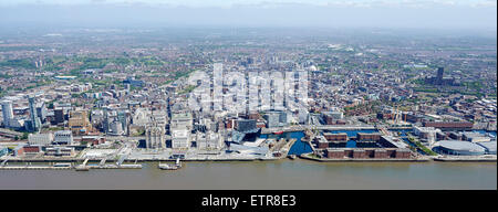 Liverpool Waterfront and city behind, shot from the air, Merseyside, North West England, UK Stock Photo