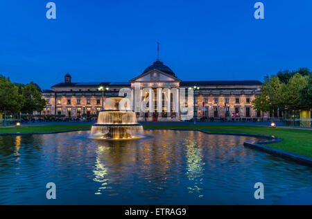 Germany, Hesse, Rheingau region, Wiesbaden, health resort, Bowling Green, cascade fountain, 'Kurhausplatz' square, kurhaus Stock Photo