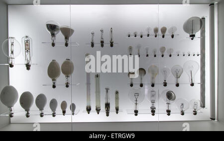 Close up view of lit display on a museum of several electrical lamps. Stock Photo