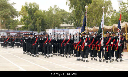 Police SSU commandos showing their professional skills during 25th Passing Out Parade of Counter Terrorism Force of SSU Commandos at Shaheed Benazir Bhutto, Elite Police Training Center Razzaqabad in Karachi on Monday, June 15, 2015. Stock Photo