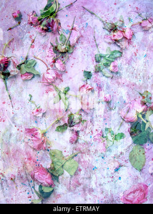 a poetic floral montage from pink roses on painted texture Stock Photo