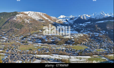 Panorama of Aure Valley in Hautes Pyrenees in winter, with Saint-Lary-Soulan village at right, Vignec in left center, Sailhan an Stock Photo