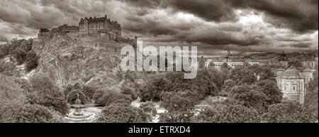 Panorama of the Edinburgh Castle fortress, on The Mound, Scotland, Lothians, UK, seen from across Princes St Gardens, Castle street Stock Photo