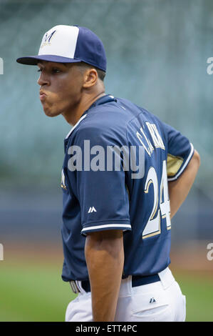 Milwaukee, Wisconsin, USA. 15th June, 2015. Milwaukee Brewers 2015 #1 pick Trenton Clark takes batting practice before the Major League Baseball game between the Milwaukee Brewers and the Kansas City Royals at Miller Park in Milwaukee, WI. John Fisher/CSM/Alamy Live News Stock Photo