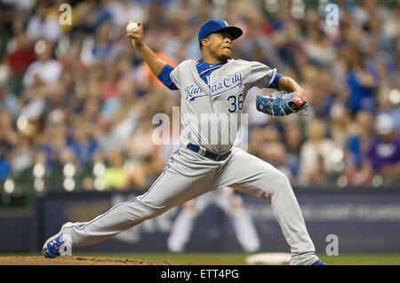 Kansas City Royals pitcher Edinson Volquez (36) talks to catcher