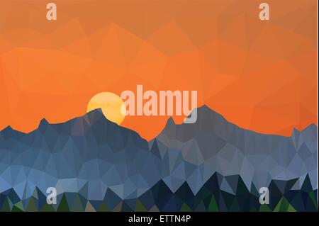 Low poly vector illustration of mountains and colorful sky landscape at sunset. Stock Vector
