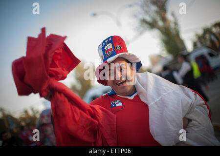 Santiago, Chile. 15th June, 2015. A fan of Chile reacts prior to the Group A match of the Copa America 2015 between Chile and Mexico, to be held at the National Stadium, in Santiago, Chile, on June 15, 2015. Credit:  Pedro Mera/Xinhua/Alamy Live News Stock Photo