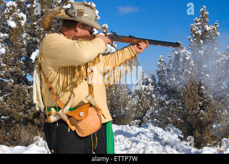 Firing on rifle range, Grizzly Mountain Long Rifles Horse Ridge Rendezvous, Deschutes County, Oregon Stock Photo