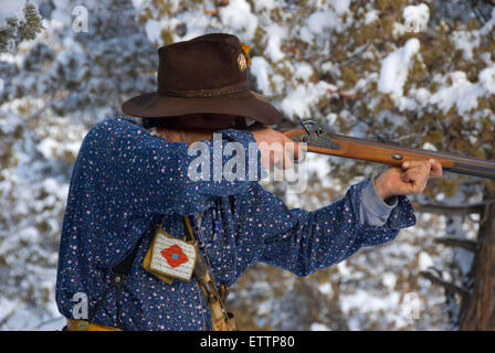 Firing on rifle range, Grizzly Mountain Long Rifles Horse Ridge Rendezvous, Deschutes County, Oregon Stock Photo