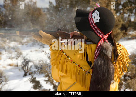 Firing on rifle range, Grizzly Mountain Long Rifles Horse Ridge Rendezvous, Deschutes County, Oregon Stock Photo