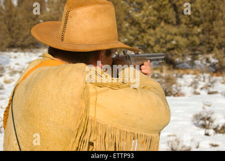 Firing on rifle range, Grizzly Mountain Long Rifles Horse Ridge Rendezvous, Deschutes County, Oregon Stock Photo