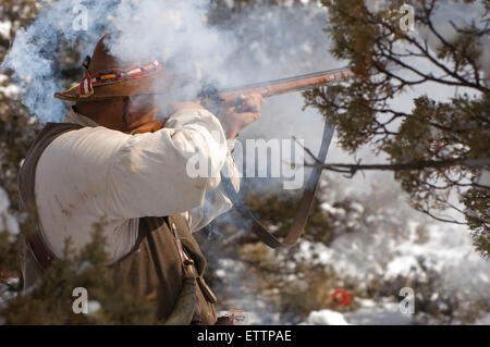 Firing on rifle range, Grizzly Mountain Long Rifles Horse Ridge Rendezvous, Deschutes County, Oregon Stock Photo