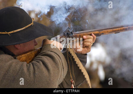 Firing on rifle range, Grizzly Mountain Long Rifles Horse Ridge Rendezvous, Deschutes County, Oregon Stock Photo