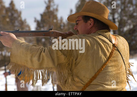 Firing on rifle range, Grizzly Mountain Long Rifles Horse Ridge Rendezvous, Deschutes County, Oregon Stock Photo