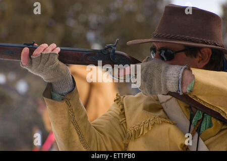 Firing on rifle range, Grizzly Mountain Long Rifles Horse Ridge Rendezvous, Deschutes County, Oregon Stock Photo