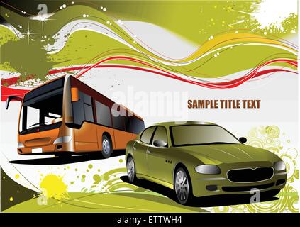 Green and Yellow grunge background with bus and car images. Vector Stock Vector