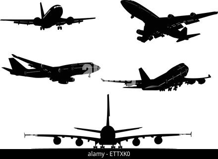Five  Airplane silhouettes. Vector illustration Stock Vector