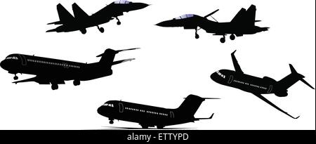 Five black and white Airplane silhouettes. Vector illustration Stock Vector