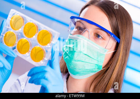 Technician with petri dishes in a medical lab Stock Photo