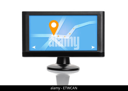 Car GPS Navigation Device with Conceptual Illustration on Screen Isolated on White Background Stock Photo