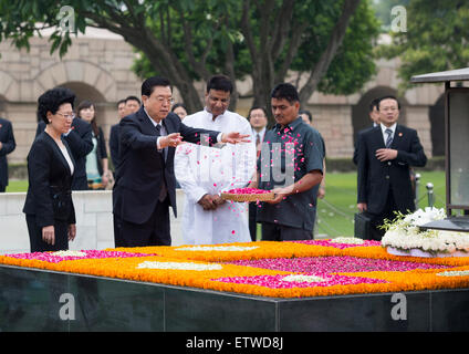 (150616) -- NEW DELHI, June 16, 2015 (Xinhua) -- Zhang Dejiang, chairman of the Standing Committee of China's National People's Congress, scatters petals on the tomb of Mahatma Gandhi in New Delhi, India, June 15, 2015. (Xinhua/Xie Huanchi) (lfj) Stock Photo
