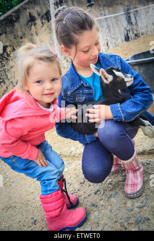 little girls with a goat kid in front of the farm Stock Photo