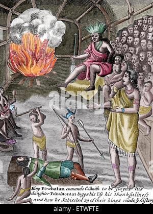 Pocahontas (1595-1617) saving Captain John Smith's life. Engraving. Color. Stock Photo