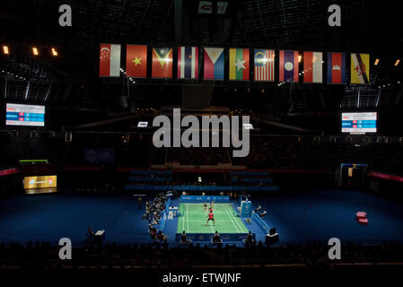 Indonesia vs. Malaysia Badminton doubles final game at the 28th SEA Games, Singapore Stock Photo