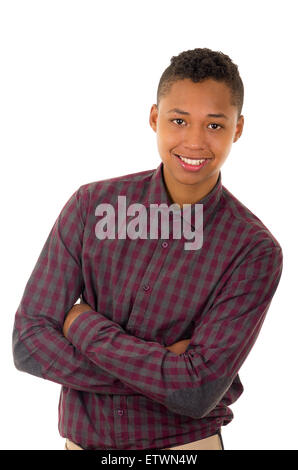 Hispanic male model posing casual clothes arms crossed smiling to camera Stock Photo