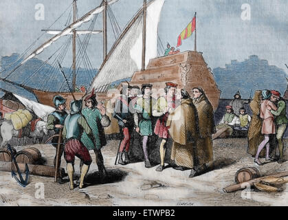 Christopher Columbus (1450-1506). Explorer. Discoverer of the New World. Embarkation in Palos de la Frontera. Engraving.Color. Stock Photo