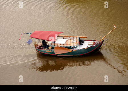 chinese junk wooden boat river small village Stock Photo 