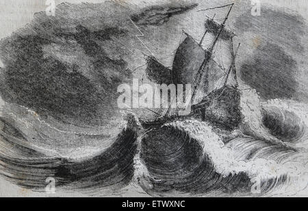 Christopher Columbus (1450-1506). Explorer, navigation. Discoverer of the New World. Storm, coast of Honduras. Engraving. 19th c Stock Photo