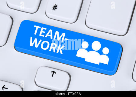 Teamwork and business team online on computer keyboard internet Stock Photo