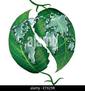 World leaf water drop concept as a group of liquid rain drops shaped as  the map of the earrth on green leaves as a symbol and metaphor for ecology protection or clean global water isolated on a white background. Stock Photo